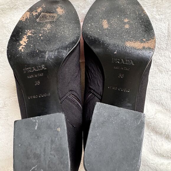 Prada Womens Boots Black Nylon Leather Ankle Block Heel Booties Covered Heel 38 - Picture 9 of 11